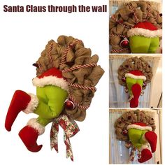 the grinch wreath has been made into a santa claus hat and is hanging on the wall