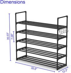 Hsscblet 5 Tiers Metal Shoe Rack,Adjustable Shoe Shelf Storage Organizer with Versatile Hooks,Stackable Boot & Shoe Storage ,For Entryway,Hallway,Living Room,Closet,Black Shoe Storage For Entryway, Storage For Entryway, Black Shoe Rack, Best Shoe Rack, Modern Shoe Rack, Metal Shoe Rack, Entryway Shoe Storage, Iron Gate Design, Powder Coated Metal