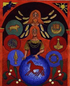 an image of a woman and a horse on a blue ball with other symbols around her