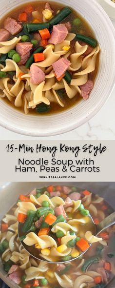 three different types of soup with noodles and vegetables