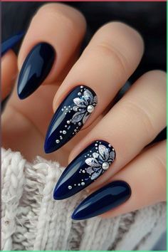 Best Nail Art Designs For Wedding, Navy Nails Design Wedding, Sapphire Blue Nails Design, Almond Nails Designs Navy Blue, Wedding Day Nails Blue, Dark Blue Floral Nails, Wedding Nails Design Blue, New Years Nails Acrylic Almond, Nail Art Winter Designs