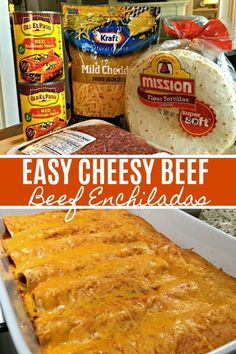 an easy cheesy beef enchiladas recipe in a casserole dish