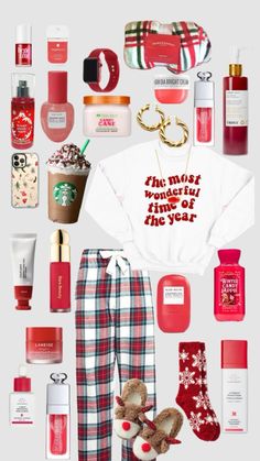 the contents of a woman's christmas gift set including pajamas, socks and other items