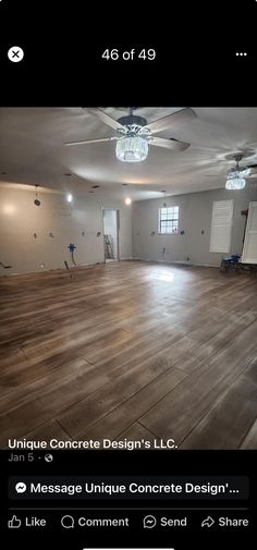 an empty room with wood flooring and ceiling fan in the center is seen on instagram