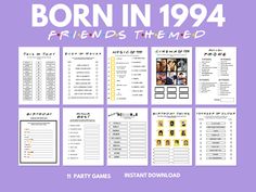 the poster for born in 1994 friends themed party games is shown on a purple background