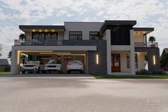 two cars parked in front of a modern house