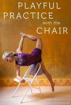 a woman in a purple dress is sitting on a white chair with the words playful practice with the chair