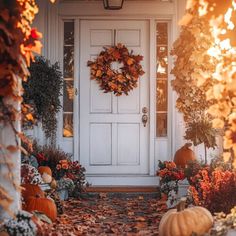 a white front door surrounded by fall foliage and pumpkins