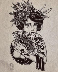 a drawing of a woman with flowers on her head holding a card in her hands