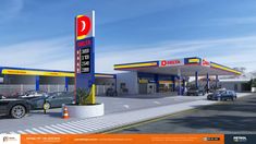 an artist's rendering of a gas station with cars parked in the parking lot