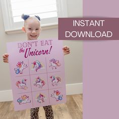 "🦄 Want a memorable unicorn birthday party or school class party? This fun spin off from Don't Eat Pete will make your unicorn theme birthday party unforgettable. Our fun \"Don't Eat The Unicorn!\" game for kids will be the best party game guaranteed to bring the laughter!  Your instant download includes 1 high quality full color 16x20 PDF. Easy to print large or small.  Add this unicorn party game to your unicorn party supplies, grab your kids' favorite treat to fill the board & let the fun begin! Directions to play: Place a treat on each Unicorn image (9 treats total). Have one child who is the first player leave the room while the rest of the group chooses which image on the board is the designated Unicorn for this round. Shhh, be quiet so the player can't hear you choose! The group si Unicorn Games, Birthday Party Game, Unicorn Images, Unicorn Party Supplies, Unicorn Birthday Party, Board For Kids, Unicorn Theme, School Class, Let The Fun Begin