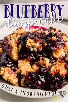 blueberry dump cake on a white plate with the words, only ingredient $ 3