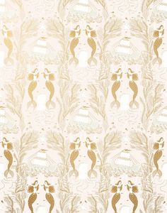 an image of a wallpaper with gold mermaids and leaves on it's side