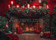 a fireplace decorated with christmas decorations and candles