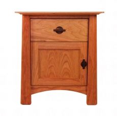 a wooden nightstand with two drawers and one drawer open on the side, against a white background