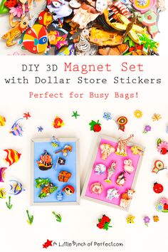 an assortment of magnets and stickers with the text diy 3d magnet set with dollar store stickers perfect for busy bags