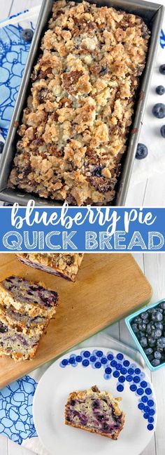 blueberry pie quick bread on a plate and in a pan with the rest of it