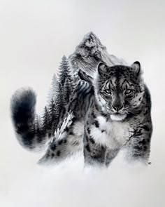 a drawing of two snow leopards in the snow