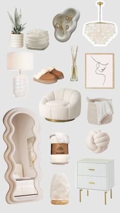 an assortment of white furniture and accessories