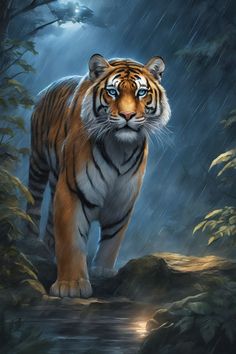 a painting of a tiger walking in the rain