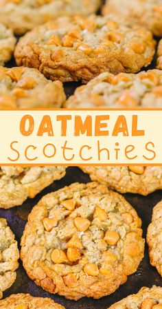 chewy oatmeal cookies are piled on top of each other with text overlay