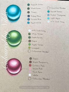 a menu with different colored balls on it's side, and the names of each item