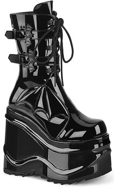 WAVE-150 Platform Batty Wedge Boots | Black Patent-Demonia-Tragic Beautiful Demonia Boots, Alternative Shoes, Goth Boots, Gothic Boots, Demonia Shoes, Womens Wedges, Wedge Boots, Mid Calf Boots, Ankle Straps