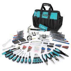 a tool bag filled with tools and wrenches