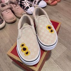 Size 11 Toddler Vans. Super Cute! Tan/Beige Color With Sunflower. Worn Once Just To Try On, Brand New Condition! Comes With Box. Vans Shoes, Slip Ons, Beige Color, Try On, Kids Shoes, Sunflower, Kids Shop, Shoes Sneakers, Super Cute