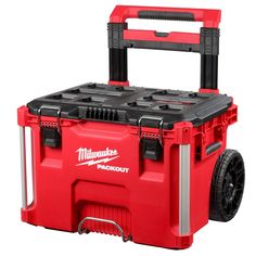 a red and black tool box with wheels on the front is shown in this image