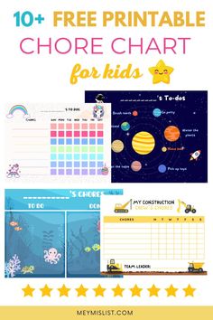 the free printable chore chart for kids with text overlay that reads 10 + free printable chore chart for kids