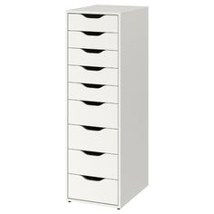 a tall white cabinet with five drawers and black handles on the bottom, against a white background