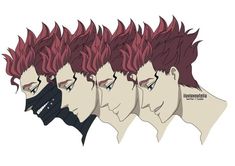 four different anime avatars with red hair and black clothes, one is staring at the camera