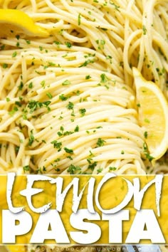 lemon pasta with parsley on top and the words lemon pasta overlaying it