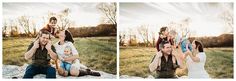 three pictures of a family sitting on a rock in the grass and one is holding a baby