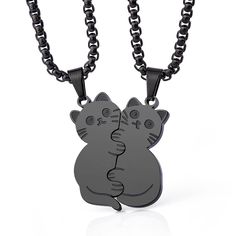 PRICES MAY VARY. 🐈DESIGN: Our couple necklaces are carved and cut with the cat image, a cute animal necklace set for cat lovers. 🐈MEANINGFUL: Jewelry set with 2 pieces of cat necklaces hugging together, the lovely design making an ideal gift for your partner, best friend, girlfriend or boyfriend. 🐈MATERIAL: The adorable cat necklace was made with premium stainless steel which is popular in the U.S.A for durability, and resistance to rusting, tarnishing, changing color, and corroding. 🐈DIMENS Cute Couples Necklaces, Cute Black Necklace For Valentine's Day, Valentine's Day Gift Necklace With Cat Design, Valentine's Day Cat Design Necklace Gift, Valentine's Day Gift Cat Design Necklace, Cute Couple Gifts For Him, Cute Matching Necklaces, Couple Gifts For Both, Crush Gifts