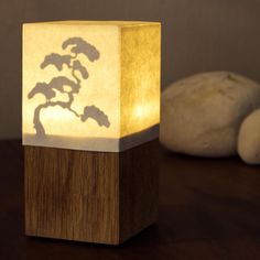 a small wooden block sitting on top of a table next to rocks and a plant