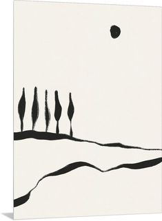 a black and white painting with three trees on it's side, in the middle of