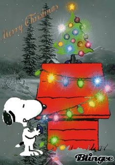 a snoopy christmas card with a tree and lights