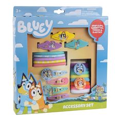 the bluey accessory set is packed in a cardboard box with an assortment of toys