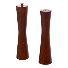 two wooden salt and pepper shakers are shown side by side on a white background