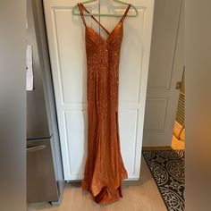 Beautiful Burnt Orange/Rust Sequin Dress. Ordered Custom-Made For My Daughter, It’s Too Big For Her. It Really Is Well-Made. Last Pictures Show What Dress Looks Like When It Fits Properly. Rust Prom Dress Burnt Orange, Fitted Orange Homecoming Dress, Fitted Orange Dress For Homecoming, Orange V-neck Dress For Prom, Burnt Orange Prom Dress, Orange Prom Dress, Fairy Gown, Hot Pink Prom Dress, Halter Party Dress