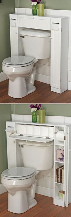 two pictures of the same toilet in different stages of being used as a bathroom storage unit