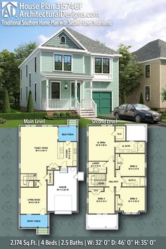 two story house plan with 2 car garage and attached porches on the second floor