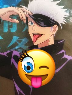 an anime character has his tongue out and is making a funny face with his hand