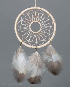 a white dream catcher with feathers hanging from it's sides on a gray background