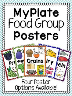 four posters with the words myplatee food group posters in front of them,