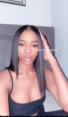 Natural Straight Hair Black Women, Natural Silk Press Hairstyle, Imanicore Aesthetic, Pressed Natural Hair, Silk Press Natural Hair, Natural Straight Hair, Middle Part Hairstyles, Natural Hair Extensions, Quick Weave Hairstyles