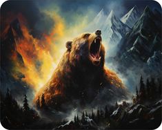 a painting of a grizzly bear in the mountains with his mouth open and flames coming out