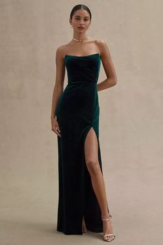 Jenny Yoo Cassandra Strapless Stretch Velvet Gown | Anthropologie Wedding Guest Gown Black Tie, Old Hollywood Wedding Guest Attire, Dark Green Wedding Guest Dress, Jewel Tone Dress, Guest Ideas, Black Tie Wedding Guest Dress, Wedding Guest Gowns, Green Formal Dresses, Fall Bridesmaid Dresses